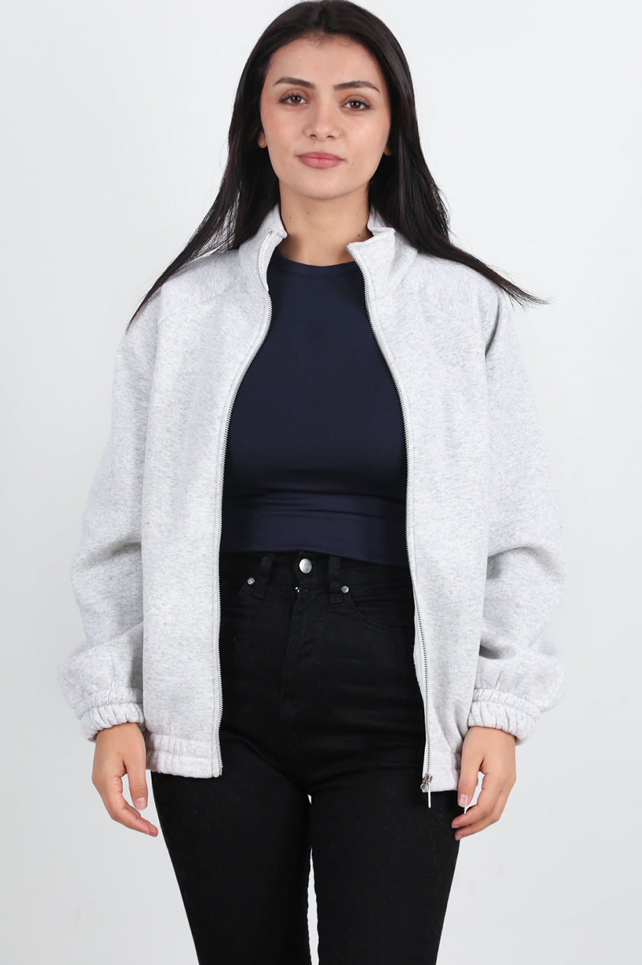 Flexjacket Kadın Ön Fermuarlı Dik Yaka Bel Lastikli Ceket Gri