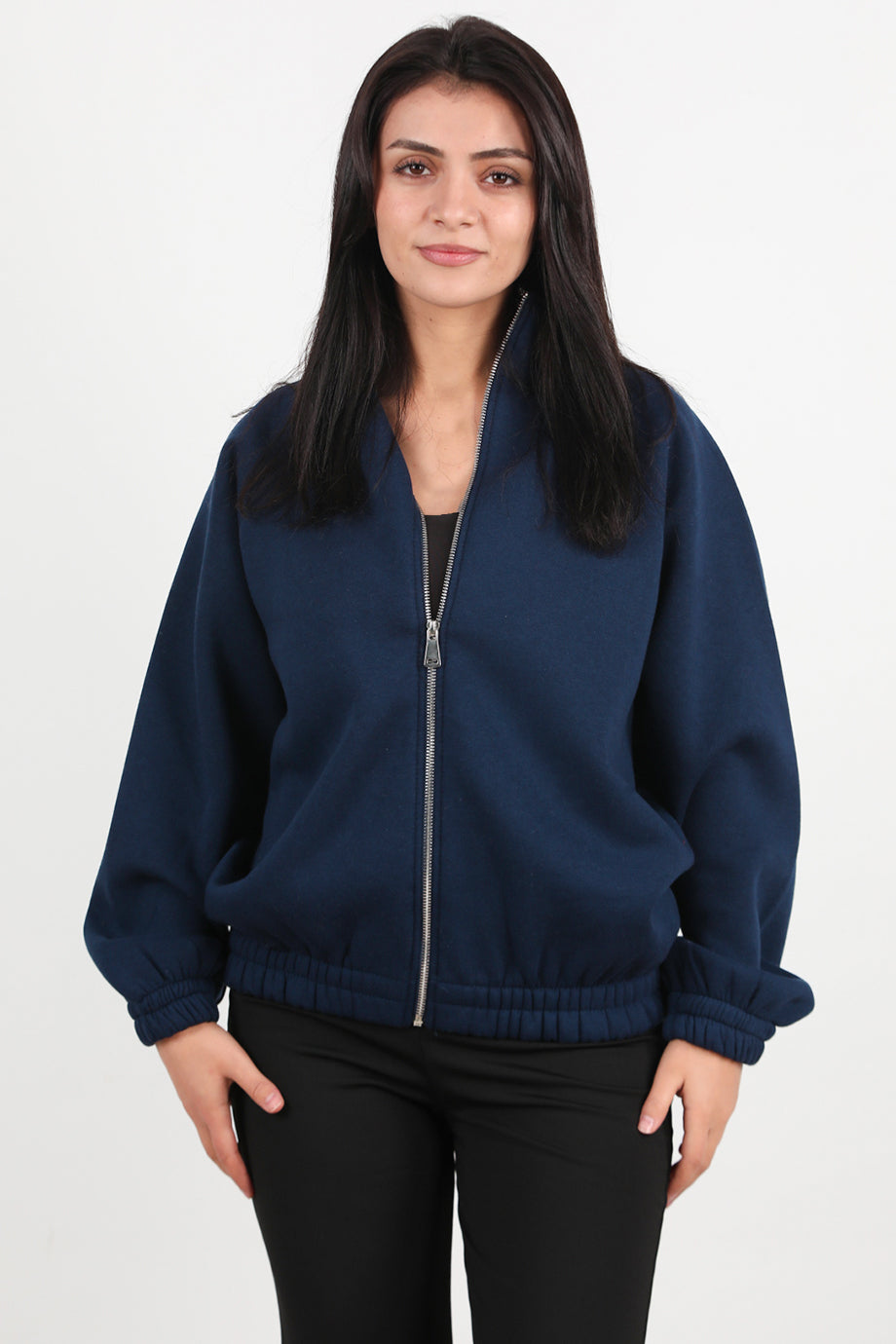 Flexjacket Kadın Ön Fermuarlı Dik Yaka Bel Lastikli Ceket Lacivert