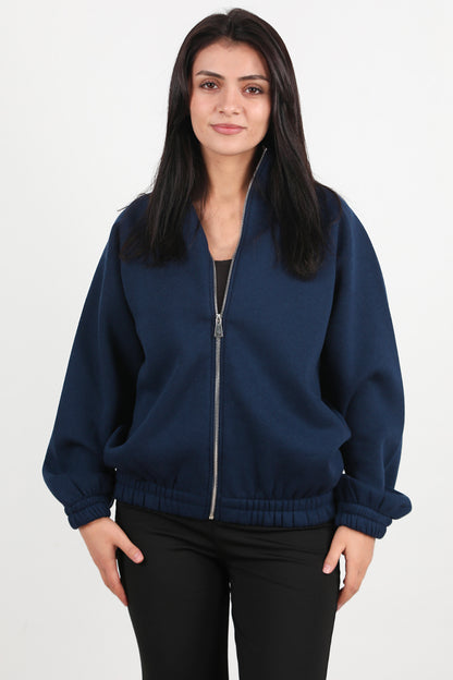 Flexjacket Kadın Ön Fermuarlı Dik Yaka Bel Lastikli Ceket Lacivert