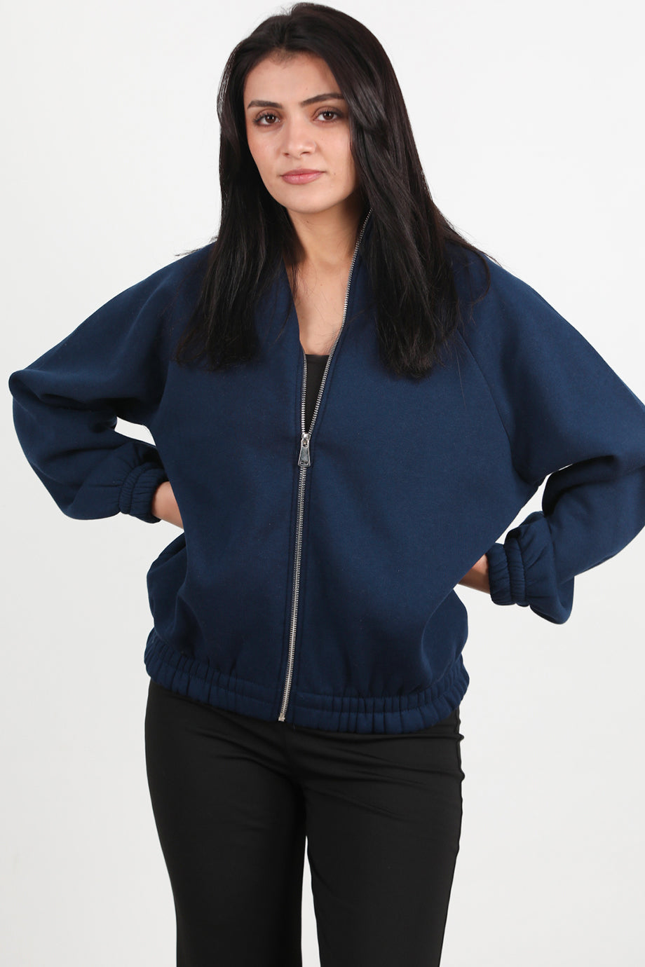 Flexjacket Kadın Ön Fermuarlı Dik Yaka Bel Lastikli Ceket Lacivert