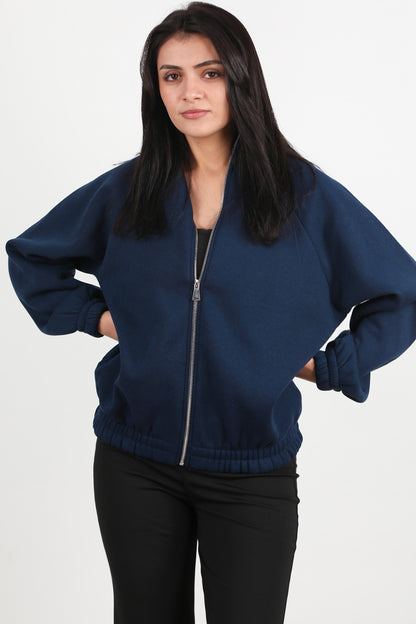 Flexjacket Kadın Ön Fermuarlı Dik Yaka Bel Lastikli Ceket Lacivert