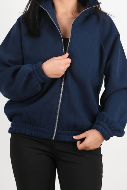 Flexjacket Kadın Ön Fermuarlı Dik Yaka Bel Lastikli Ceket Lacivert