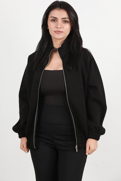 Flexjacket Kadın Ön Fermuarlı Dik Yaka Bel Lastikli Ceket Siyah