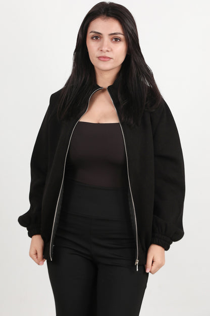 Flexjacket Kadın Ön Fermuarlı Dik Yaka Bel Lastikli Ceket Siyah