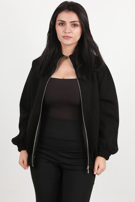 Flexjacket Kadın Ön Fermuarlı Dik Yaka Bel Lastikli Ceket Siyah