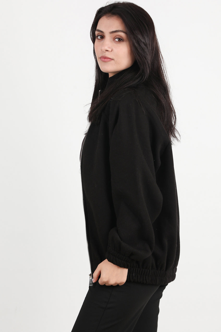 Flexjacket Kadın Ön Fermuarlı Dik Yaka Bel Lastikli Ceket Siyah