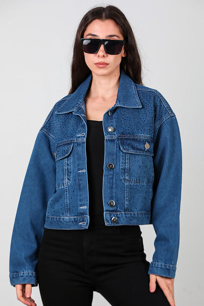 Kadın Taşlı Kot Ceket Mavi