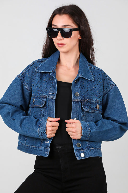 Kadın Taşlı Kot Ceket Mavi