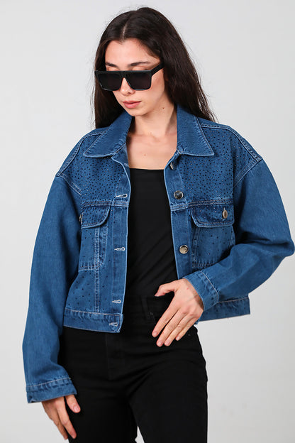 Kadın Taşlı Kot Ceket Mavi