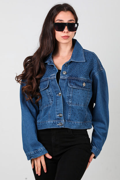 Kadın Taşlı Kot Ceket Mavi