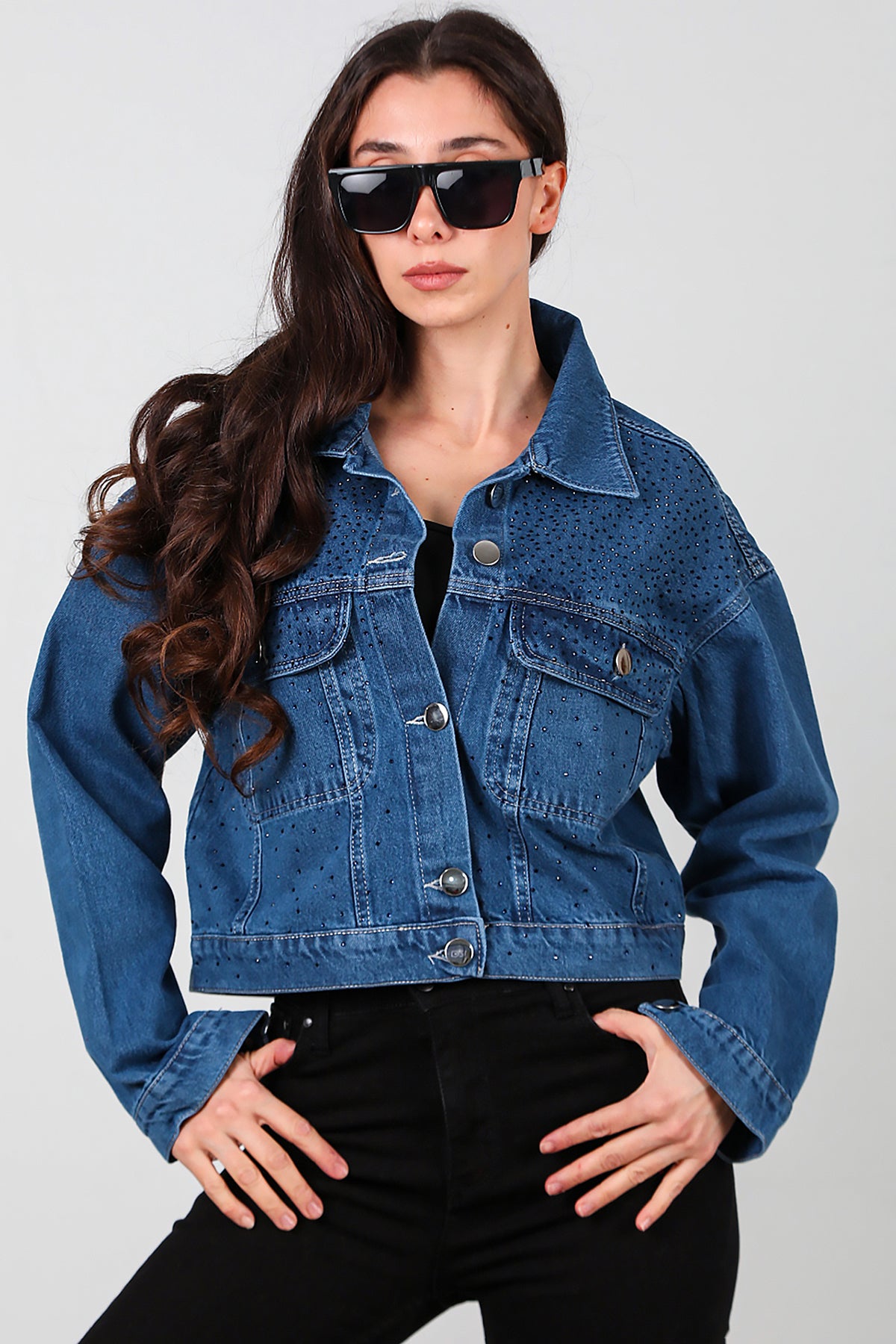 Kadın Taşlı Kot Ceket Mavi