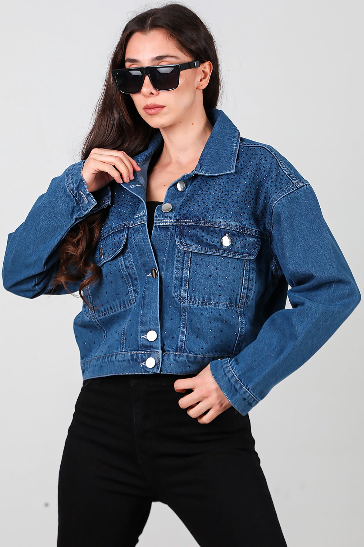 Kadın Taşlı Kot Ceket Mavi