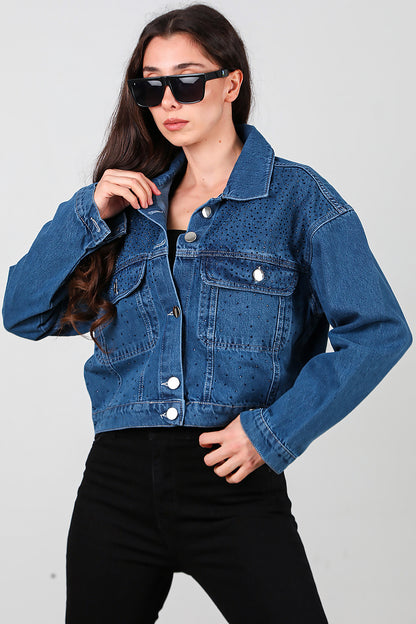 Kadın Taşlı Kot Ceket Mavi
