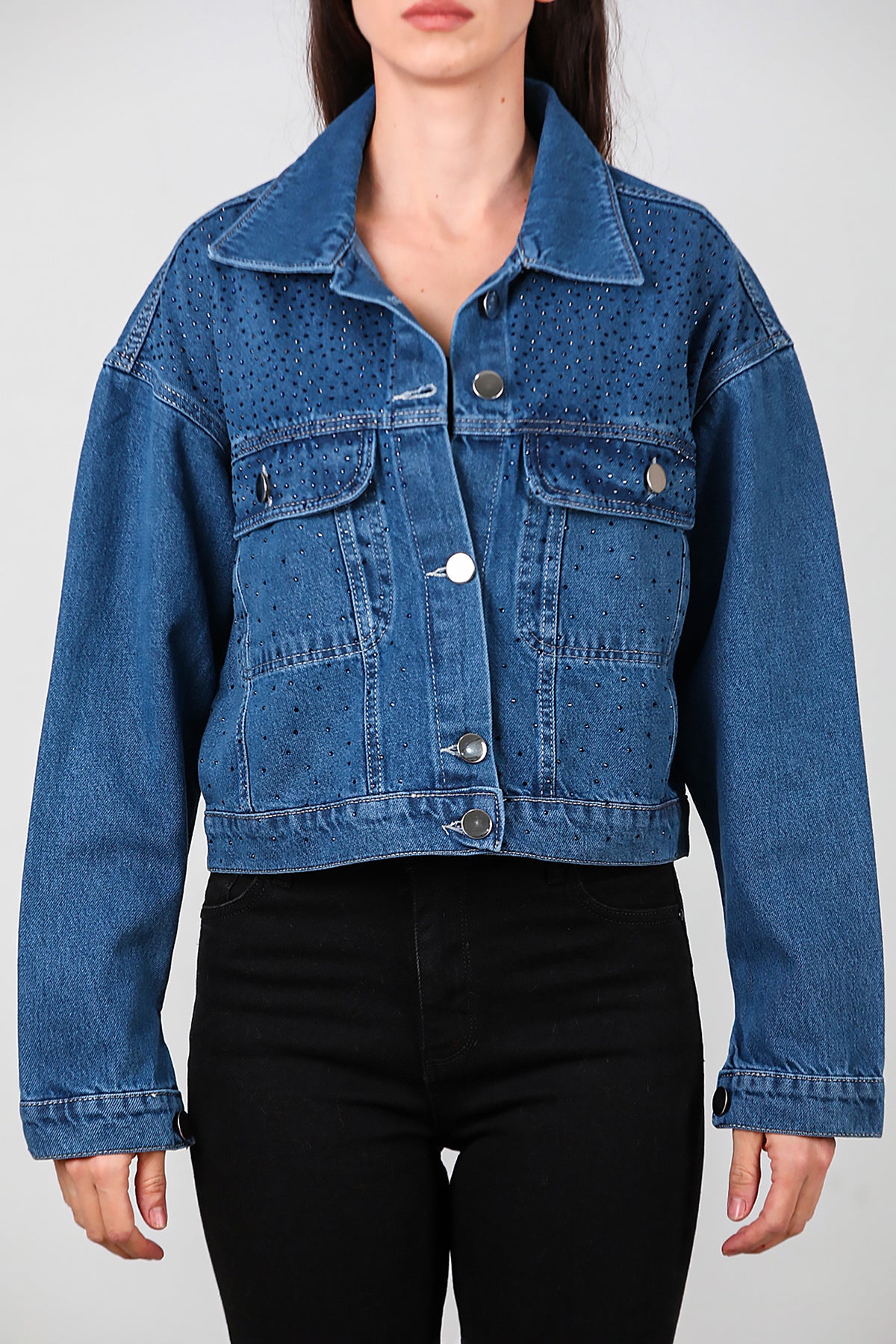 Kadın Taşlı Kot Ceket Mavi