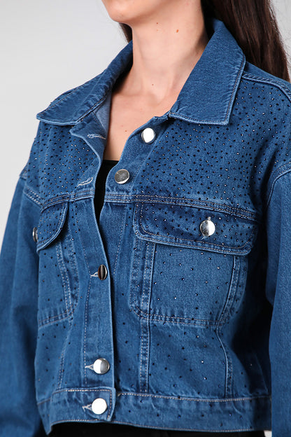 Kadın Taşlı Kot Ceket Mavi