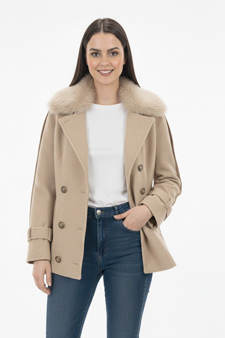 Kadın Yakası Kürklü Kaşe Ceket Bej
