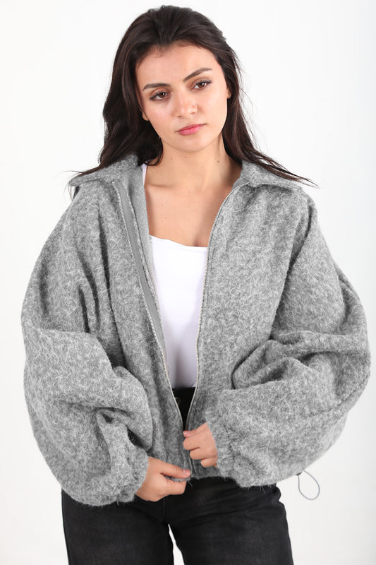 Cashmere Kadın Sakallı Kaşe Ön Fermuarlı Ceket Gri