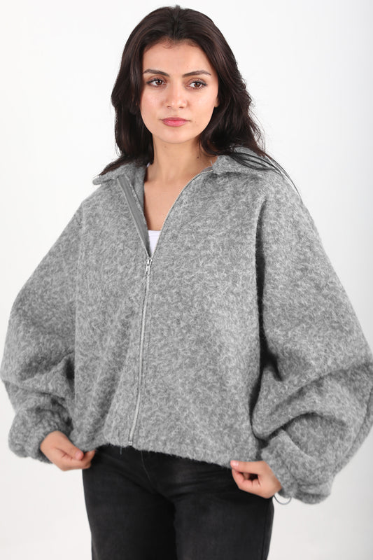 Cashmere Kadın Sakallı Kaşe Ön Fermuarlı Ceket Gri