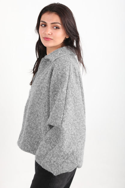 Cashmere Kadın Sakallı Kaşe Ön Fermuarlı Ceket Gri
