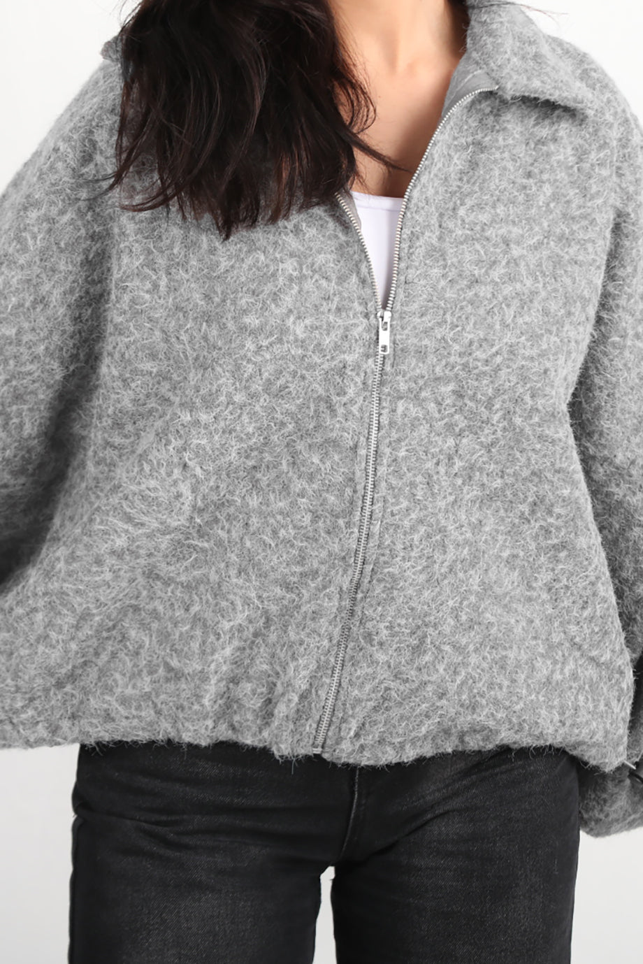 Cashmere Kadın Sakallı Kaşe Ön Fermuarlı Ceket Gri