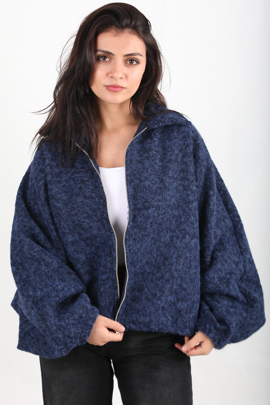 Cashmere Kadın Sakallı Kaşe Ön Fermuarlı Ceket Lacivert