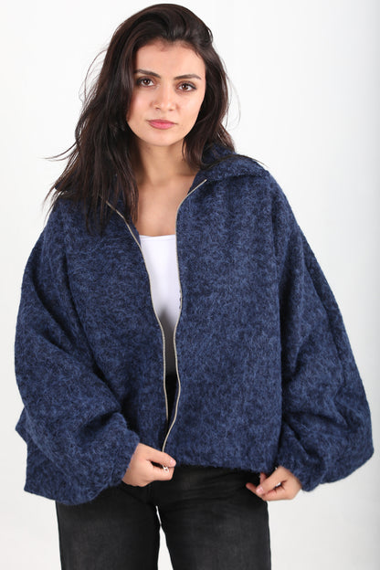 Cashmere Kadın Sakallı Kaşe Ön Fermuarlı Ceket Lacivert