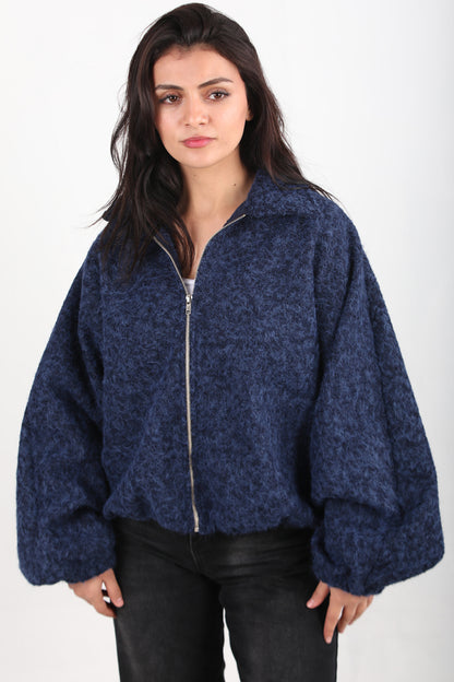 Cashmere Kadın Sakallı Kaşe Ön Fermuarlı Ceket Lacivert