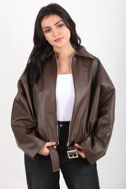 Kadın Bel Kemerli Deri Ceket Kahverengi - Trend Deri Ceket