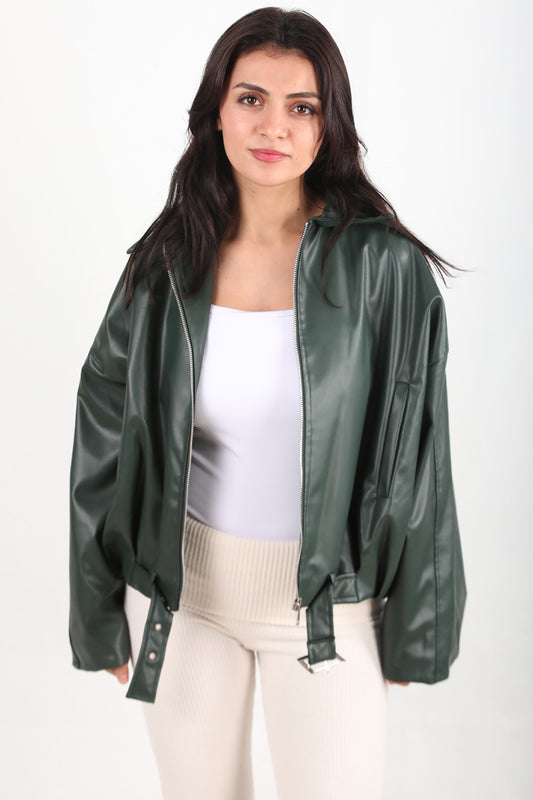 Kadın Bel Kemerli Deri Ceket Zümrüt - Şık ve Zarif Deri Ceket