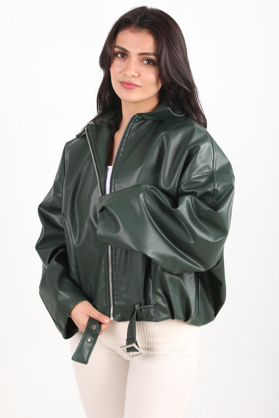Kadın Bel Kemerli Deri Ceket Zümrüt - Şık ve Zarif Deri Ceket