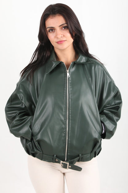 Kadın Bel Kemerli Deri Ceket Zümrüt - Şık ve Zarif Deri Ceket