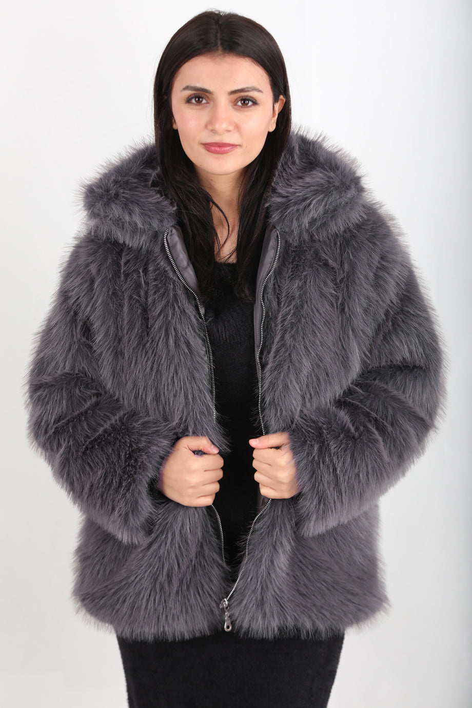 Furline Kadın Önü Fermuarlı Kürklü Ceket Gri