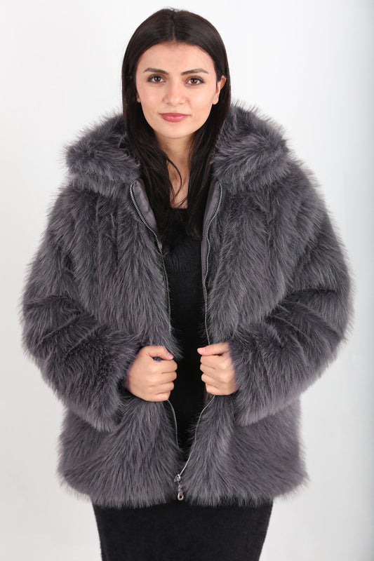 Furline Kadın Önü Fermuarlı Kürklü Ceket Gri