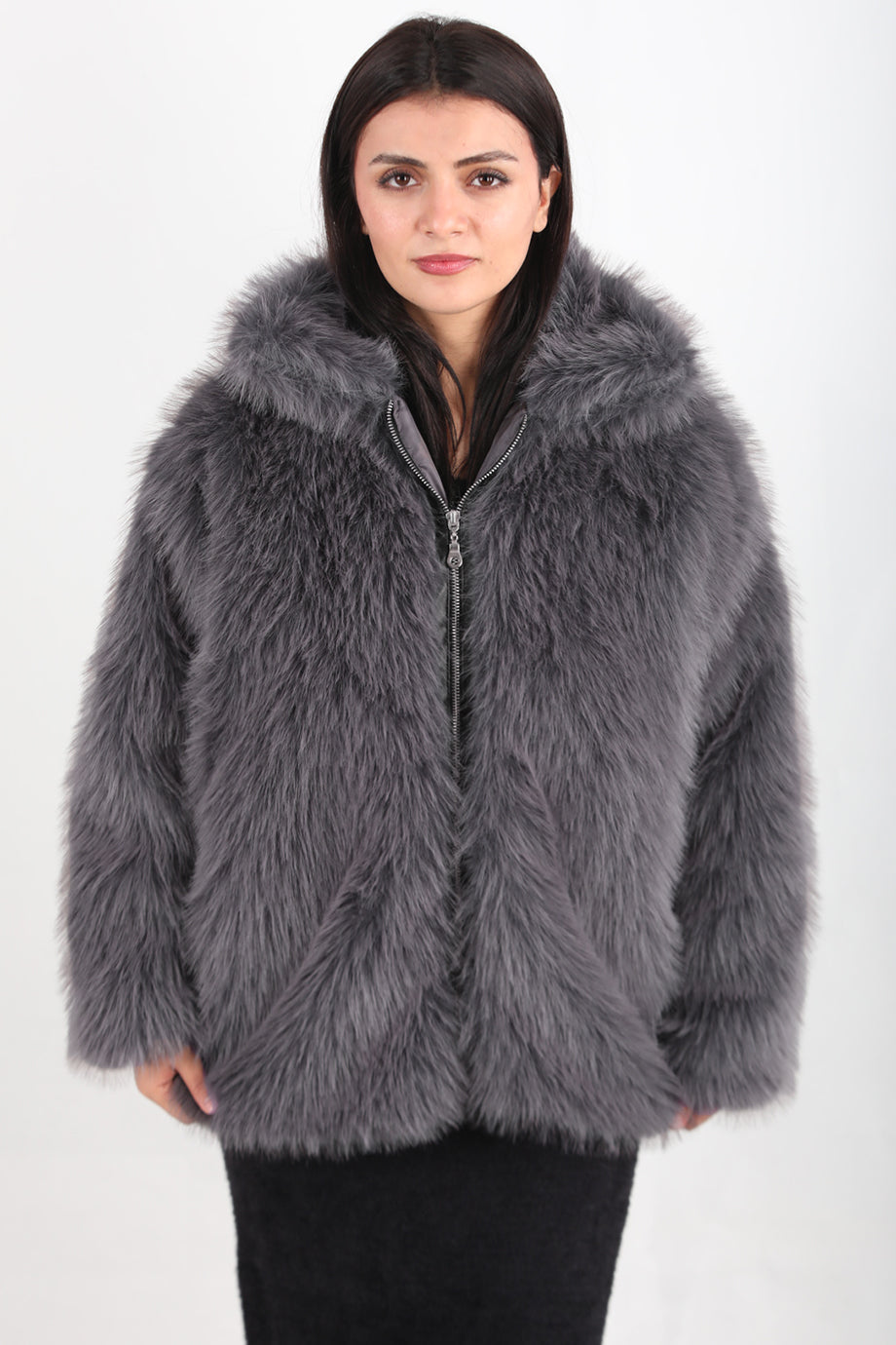 Furline Kadın Önü Fermuarlı Kürklü Ceket Gri