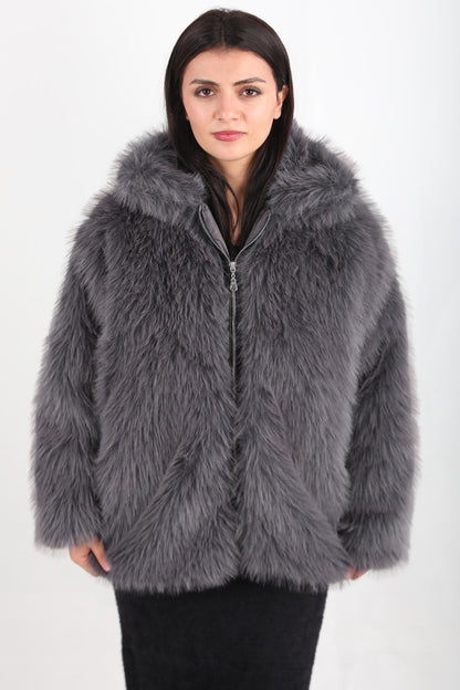 Furline Kadın Önü Fermuarlı Kürklü Ceket Gri