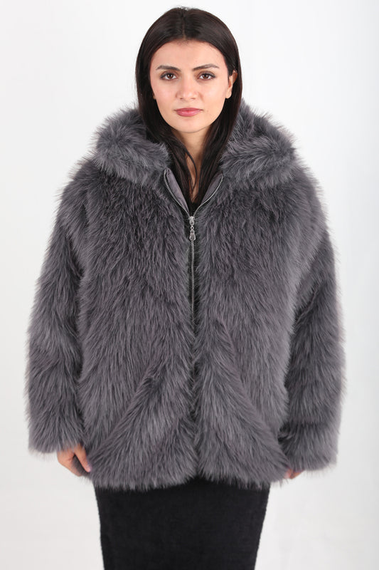 Furline Kadın Önü Fermuarlı Kürklü Ceket Gri