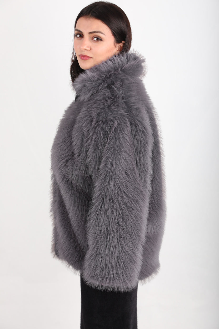 Furline Kadın Önü Fermuarlı Kürklü Ceket Gri