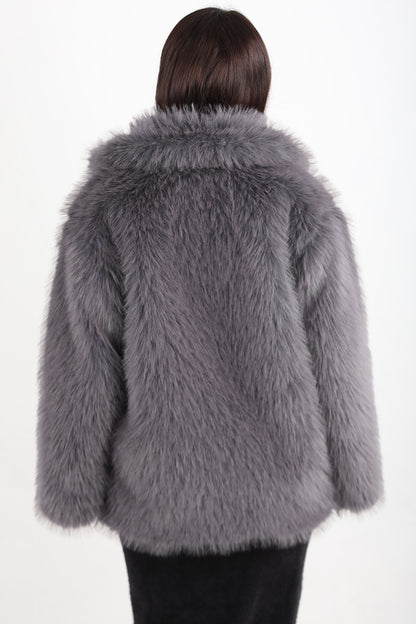 Furline Kadın Önü Fermuarlı Kürklü Ceket Gri