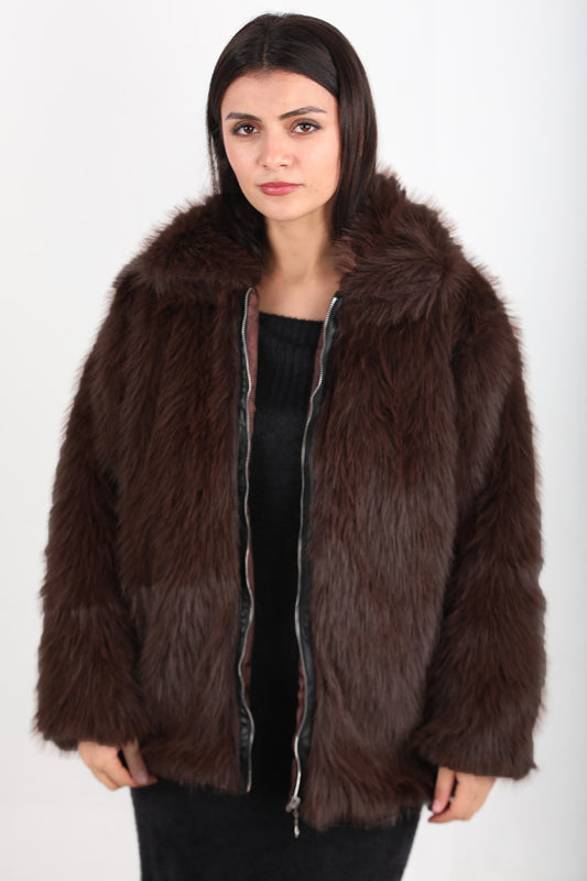 Furline Kadın Önü Fermuarlı Kürklü Ceket Kahverengi