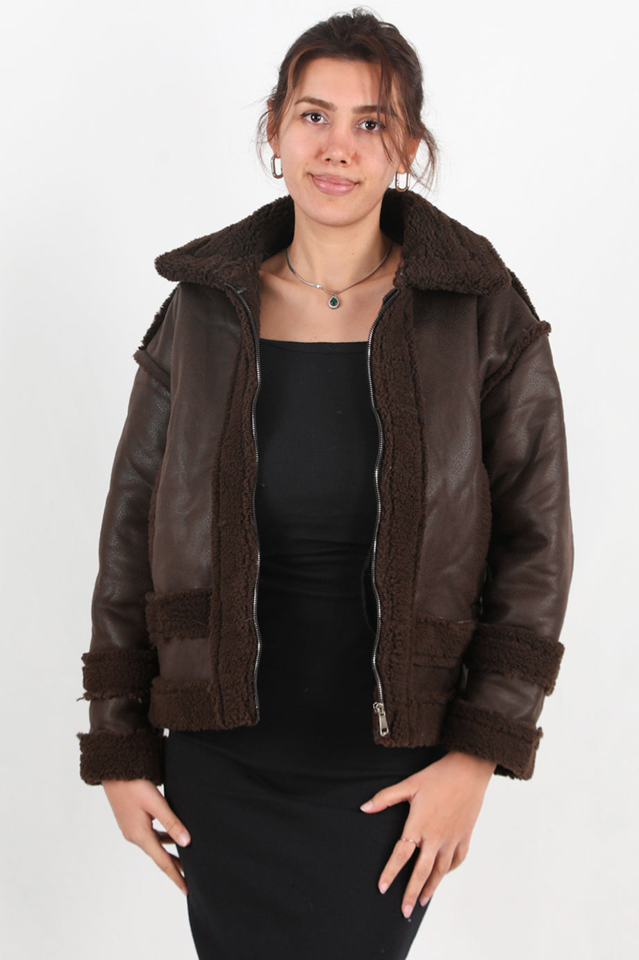 Rogue Kadın İçi Kuzu Fermuarlı Deri Ceket Kahverengi