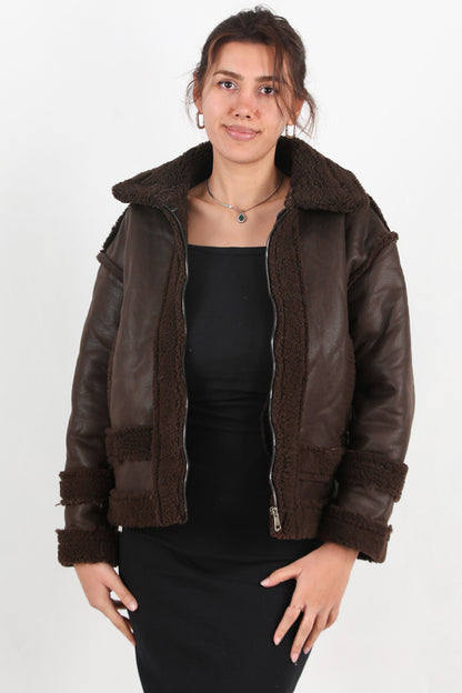 Rogue Kadın İçi Kuzu Fermuarlı Deri Ceket Kahverengi