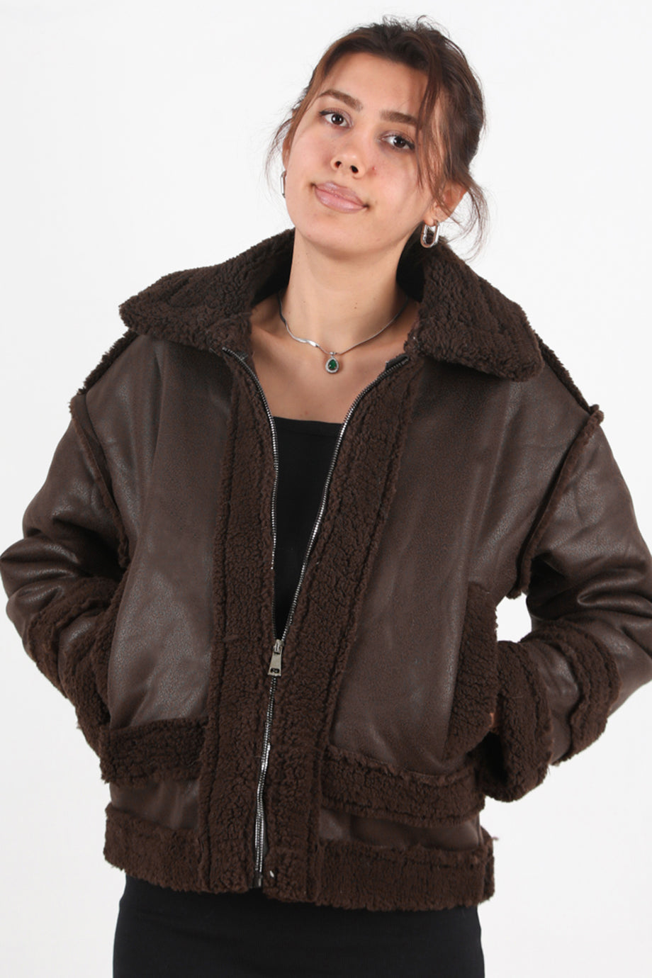 Rogue Kadın İçi Kuzu Fermuarlı Deri Ceket Kahverengi