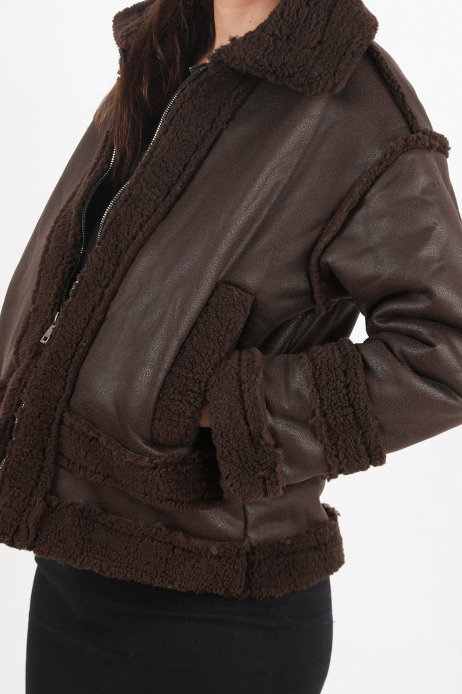 Rogue Kadın İçi Kuzu Fermuarlı Deri Ceket Kahverengi