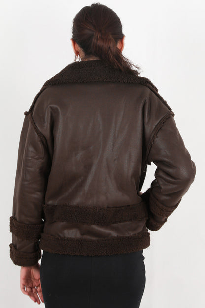 Rogue Kadın İçi Kuzu Fermuarlı Deri Ceket Kahverengi