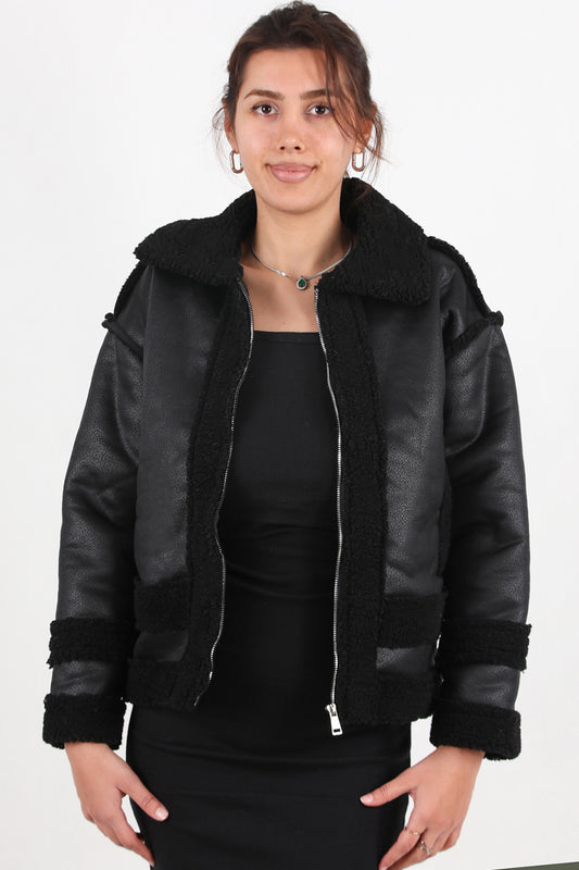 Rogue Kadın İçi Kuzu Fermuarlı Deri Ceket Siyah