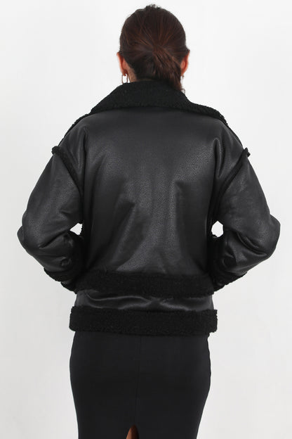 Rogue Kadın İçi Kuzu Fermuarlı Deri Ceket Siyah