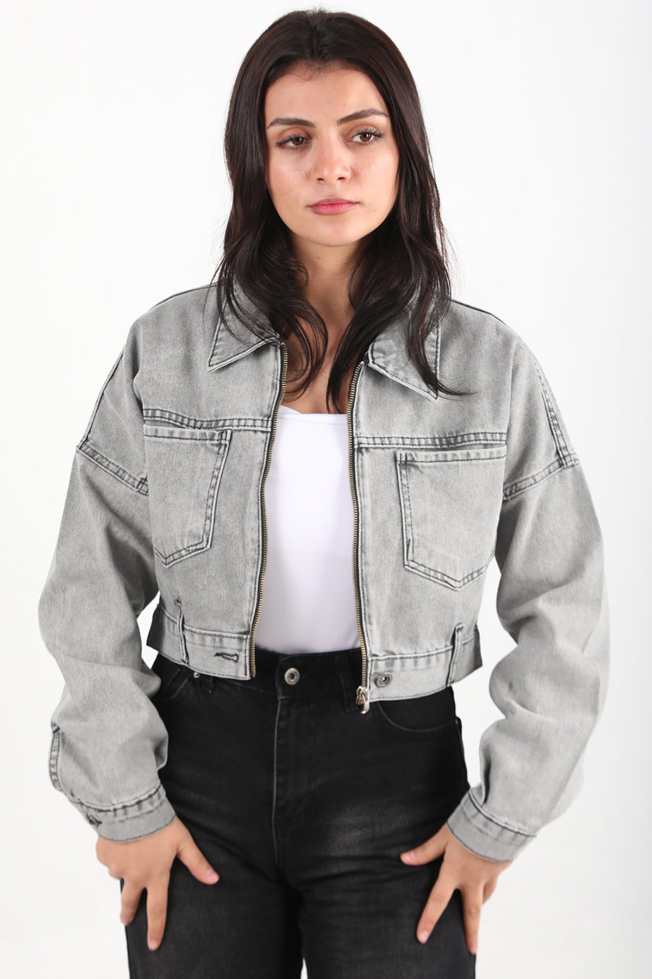 Crozia Kadın Kısa Ön Fermuarlı Ceket Gri