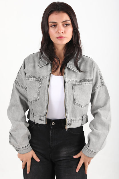 Crozia Kadın Kısa Ön Fermuarlı Ceket Gri
