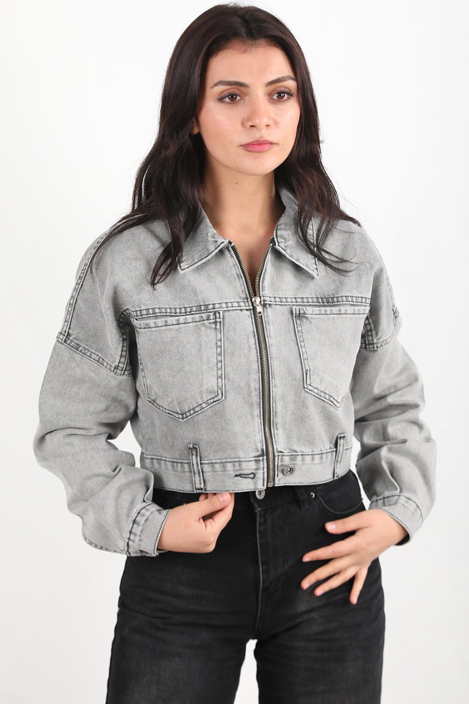 Crozia Kadın Kısa Ön Fermuarlı Ceket Gri