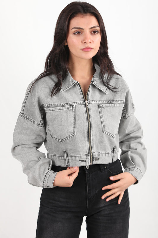 Crozia Kadın Kısa Ön Fermuarlı Ceket Gri